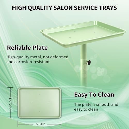 Salon Tray on Wheels, Green Salon Tray Cart with Adjustable Height, Tattoo Rolling Tray, Metal Service Instrument Storage Tray for Salon&Home Use