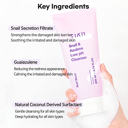 TIA'M TIAM Snail&Azulene Low pH Cleanser, Gel Facial Cleanser, Snail Secretion Filtrate, pH Balancing, Anti Acne, Breakouts Treatment, Sensitive Skin, 6.76 Fl.Oz