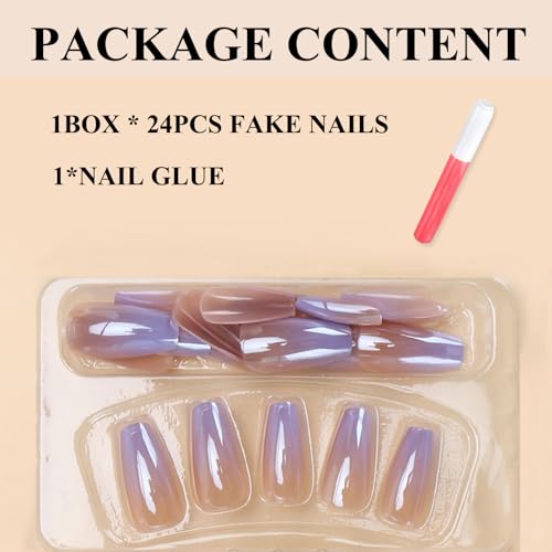 MERVF Coffin Press on Nails Long Fake Nails Press ons Purple Ombre French Tip Glue on Nails with Chrome Design Electroplate Ballerina Acrylic False Nails Glossy 24pcs