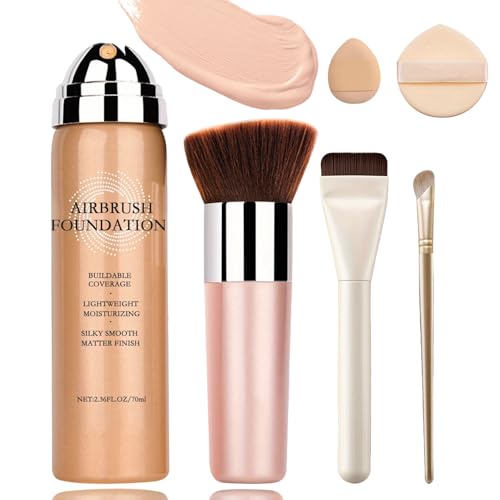 Magic Minerals Airbrush Foundation Spray - Lightweight Buildable Coverage, Hydrating Formula for Smooth Radiant Light Beige, Includes Foundation Brush, Powder Puff & Nose Shadow Brush-01 Natural