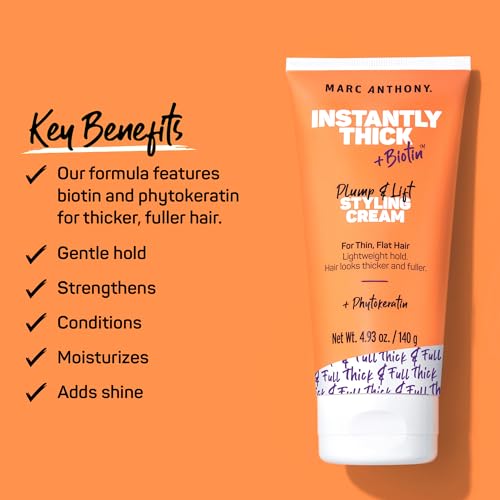 Marc Anthony Hair Thickening Styling Cream for Thin & Flat Hair, Instantly Thick - Volumizing Hair Cream with Biotin, Lightweight Hold for Thicker Fuller Hair - Sulfate-Free Haircare Products