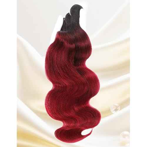 Ombre Bundles Human Hair, 13A Raw Indian Hair Bundles Body Wave, 16 Inch Colored 1B99J Burgundy Red Human Hair Bundles, Triple Service Life Keep Texture Silky Soft Tangle-Free