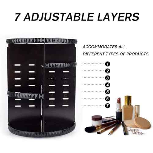 sanipoe Rotating Makeup Organizer,DIY Adjustable Spinning Holder,Foldable Cosmetic Storage Display box,Large Capacity Make up Caddy Shelf,Fits Countertop Vanity and Bathroom (Black)