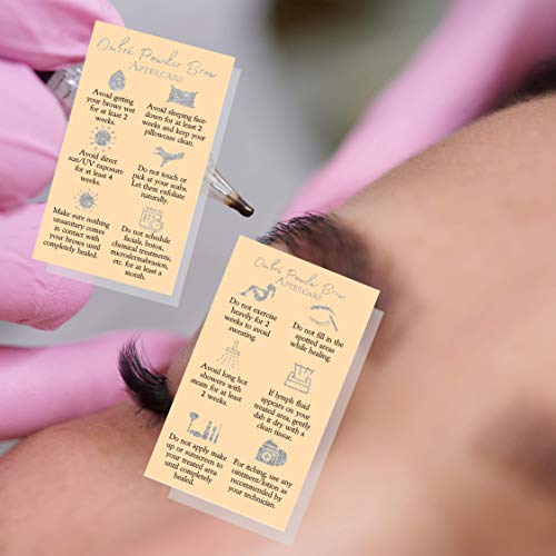 Ombre Powder Brow Aftercare Instructions Cards | Package of 50 | Double Sided Size 2x3.5" inches Business Card | Tan with Silver Glitter Look Design
