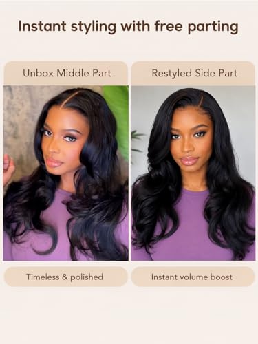 UNICE 16 Inch Black Butterfly Cut Body Wave Lace Front Wig with Face Framing Layers and Drawstring, 180% Density