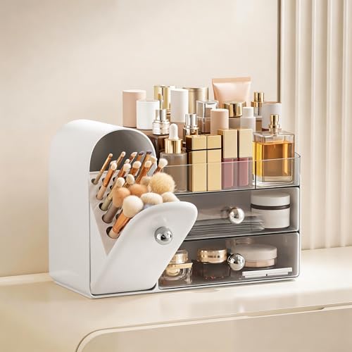 HBlife Large White Silver Makeup Organizer with Drawers & Brush Holder