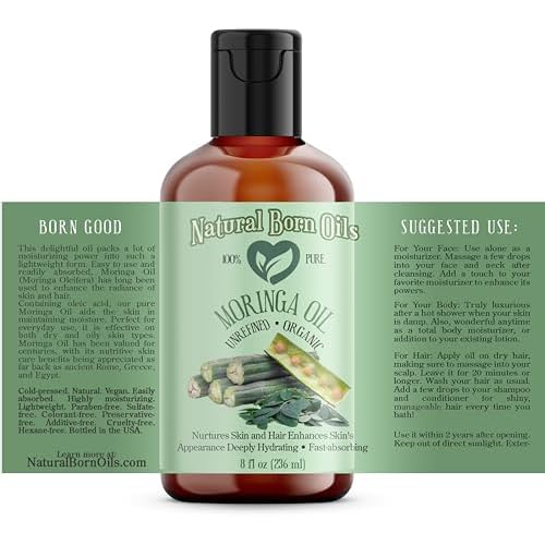 Natural Born Oils Moringa Oil, 8oz, Organic, Cold-Pressed, Rich in Vitamins A & C, Ideal for Moisturizing Skin, Strengthening Hair