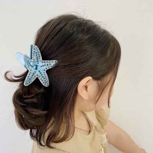 3.15 inch Acrylic Starfish Hair Claw Clip for Women Girls, Non-Slip Blue Rhinestone Ocean Animal Jaw Clamp Strong Holder for Thick Thin Hair Styling Accessory Beach Vacation Gift
