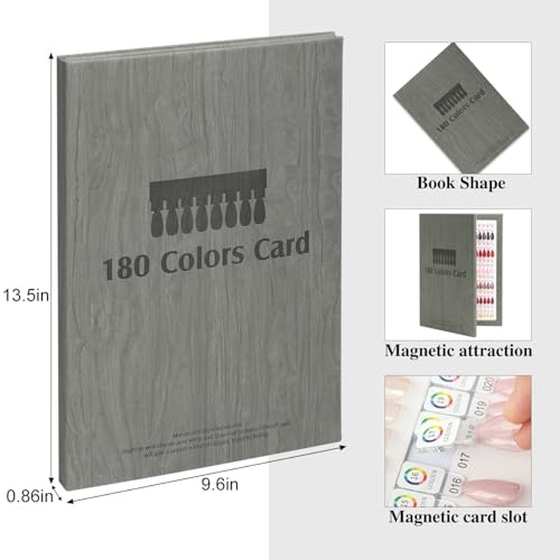 180 Magnetic Nail Color Book,Leather Magnetic Color Display Book with 192 Magnetic Tips & 1-180 Number Labels,Perfect for Nail Polish Nails Art Design(Grey)