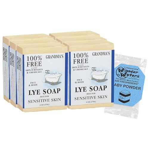Grandma's Pure Lye Soap Bar by CLASSYONE ? Unscented Face & Body Wash Soap for Dry & Itchy Skin, Bundled with Wonder Wafers Baby Powder Air Freshener - 6.0 oz, Pack of 6