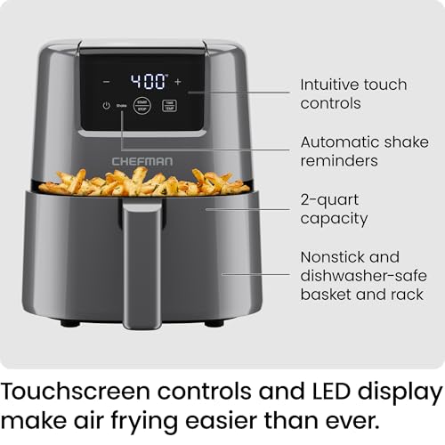 CHEFMAN 2 Qt Mini Air Fryer – Digital Space-Saving Compact Air Fryer with Nonstick and Dishwasher Safe Basket, Quick & Easy Meals in Minutes, Features Digital Timer and Shake Reminder – Grey