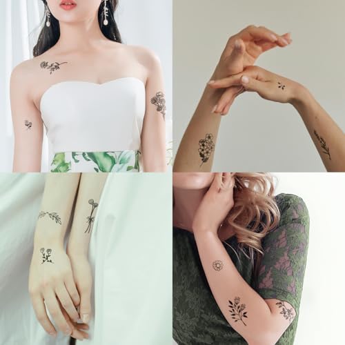 One Grace Mini Black Flower Temporary Tattoos - Realistic Long Lasting Waterproof Tiny Tattoos - Cute Floral Bouquet Wild Plants Small Tattoos for Women and Men