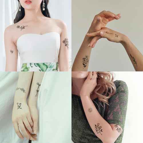 One Grace Mini Black Flower Temporary Tattoos - Realistic Long Lasting Waterproof Tiny Tattoos - Cute Floral Bouquet Wild Plants Small Tattoos for Women and Men