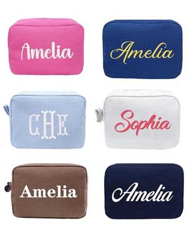 Personalized Embroidered Waffle Cosmetic Bag - Custom Makeup Pouch