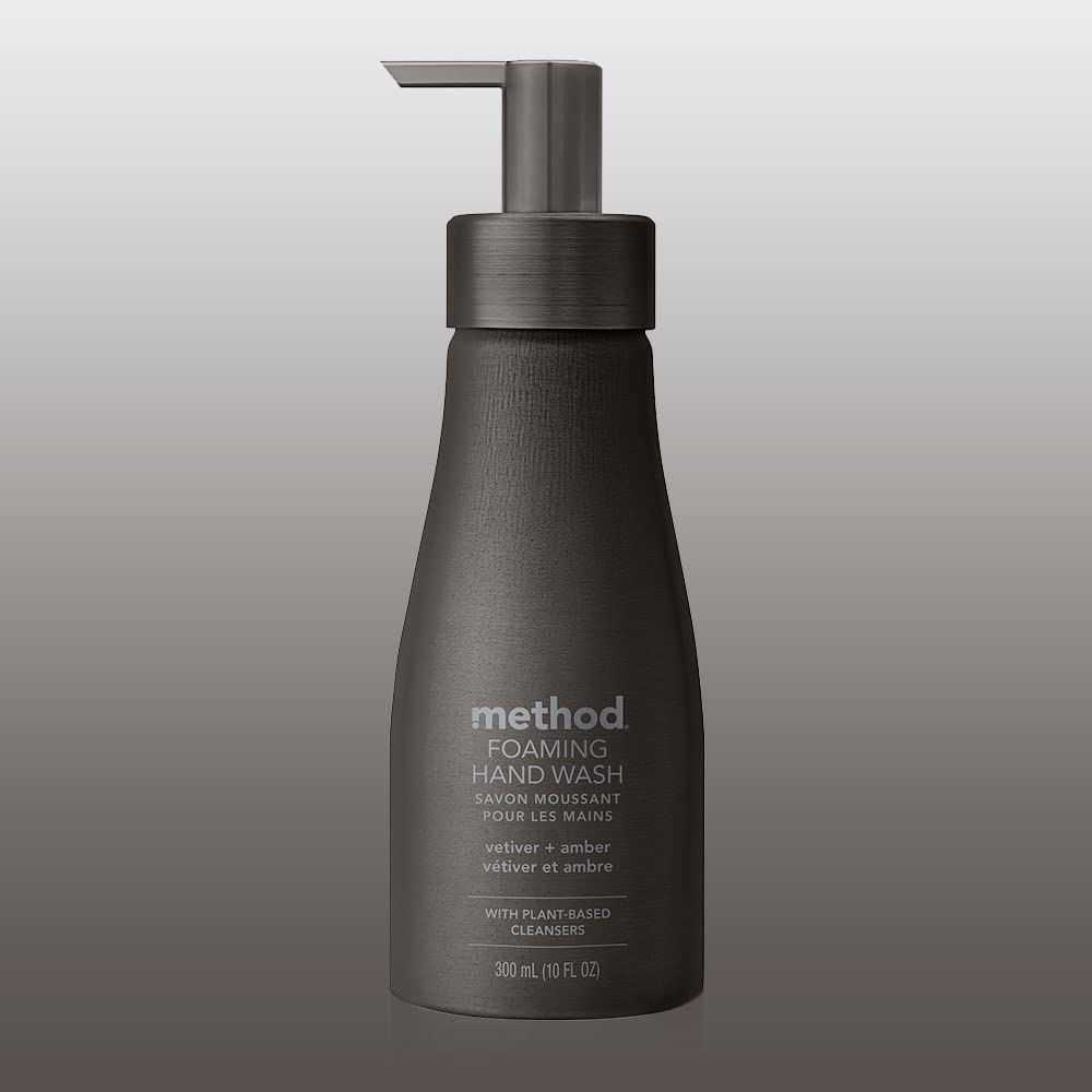 Method Premium Foaming Hand Wash, Vetiver + Amber, Reusable Black Aluminum Bottle, Biodegradable Formula, 10 fl oz (Pack of 3)