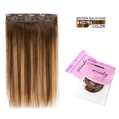 Winsky Hair Extensions Real Human Hair - One Piece Brown Balayage Remy Hair Extensions Clip on 70gram for Women (14inch, #4T27P4)