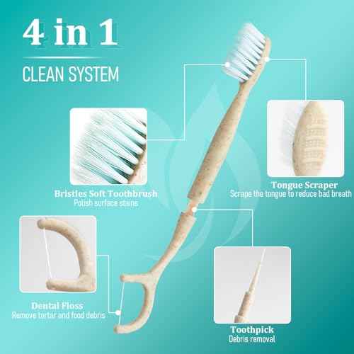 Travel Toothbrush Dental Floss Picks - 4 in 1 Biodegradable Disposable Toothbrushes with Tongue Scraper, Eco-Friendly Individually Wrapped Toothbrush for Adult Kids Travel Oral Care, 40 Pack