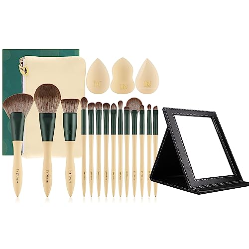 DUcare Makeup Brushes 14Pcs with 3Pcs Makeup Spong & Cosmetic Bag& Folding Vanity Mirror with Stand