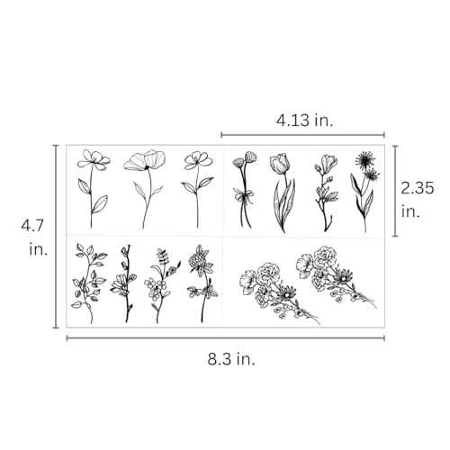 One Grace Mini Black Flower Temporary Tattoos - Realistic Long Lasting Waterproof Tiny Tattoos - Cute Floral Bouquet Wild Plants Small Tattoos for Women and Men