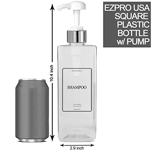 Empty Plastic Square Bottles Pump Shampoo Conditioner Body Wash Face, in Shower Bathroom Dispenser, Waterproof Permanent Labels, 27oz 800ml Set of 4 (Clear Plastic, Silver White Pump)