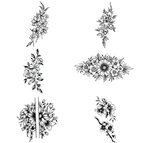 INKARTLINK 6 Sheets Temporary Tattoos, Semi-Permanent Tattoo, Fake tattoos, 1-2 Weeks Tattoo, For the Mature and Elegant Women, Flower Tattoos Temporary.