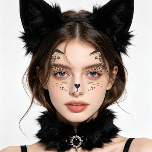 Cat Face Gems Rhinestone Stickers – Black & Gold Patterns