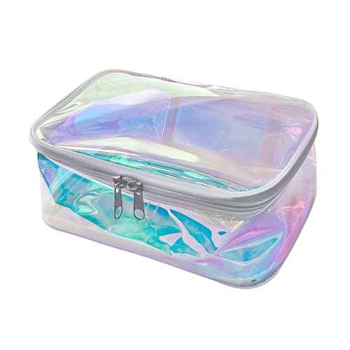 TPU Holographic Clear Makeup Bags Bulk,Clear Storage Bag Toiletry Pocket Portable Zippered Iridescent Pouch Waterproof Cosmetic travel Bags with white zipppe for Women