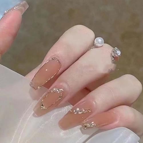 DANMANR Press on Nails Medium Coffin Nail Reusable Fake Nails Shiny on Nails 3D Flower False Nails for Women and Girls 24PCS (Color 5)