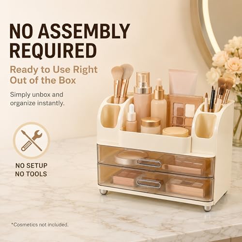 Large Makeup Organizer with 2 Clear Drawers, No Assembly