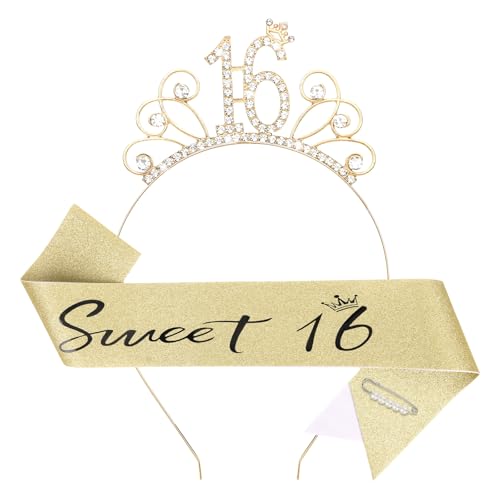 YARIEW Sweet 16 Birthday Sash Headband, Sweet 16 Birthday Decorations for Girls, Birthday Crown and Sash, 16th Birthday Gifts for Girls, Sweet Sixteen Gifts for Girls Gold