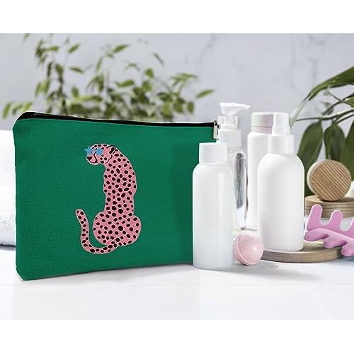 Preppy Leopard Print Cosmetic Bag, Wildlife Animal Asian Pink Cheetah Makeup Bag Zipper Cosmetic Pouch Bag Travel Linen Makeup Organizer, Trendy Gifts for Women Teen Teenager Girls Her Teens