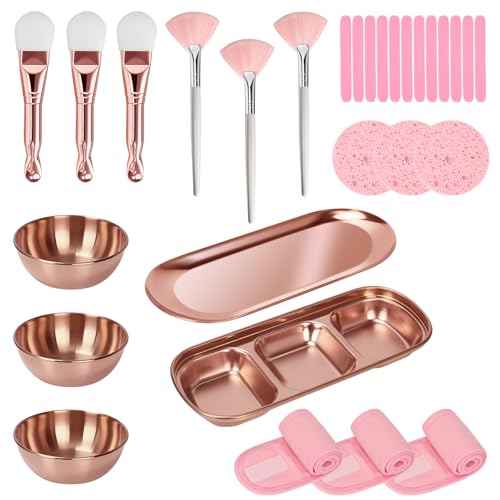 29Pcs Esthetician Facial Supplies Tools Set - DIY Skincare Kit, 3 Facial Bowls, 1 Compartment Tray, 1 Skincare Tray, 3 Fan Mask Brushes, 3 Silicone Mask Brusher Applicator, 3 Headbands & 15 Sponges