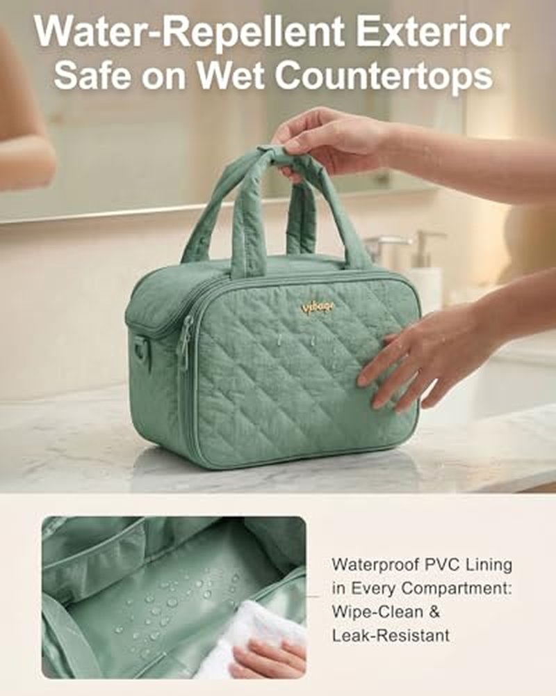 Large Quilted Toiletry Bag for Women with Removable Divider