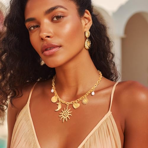 Vintage Sun & Moon Gold Choker Necklace for Women