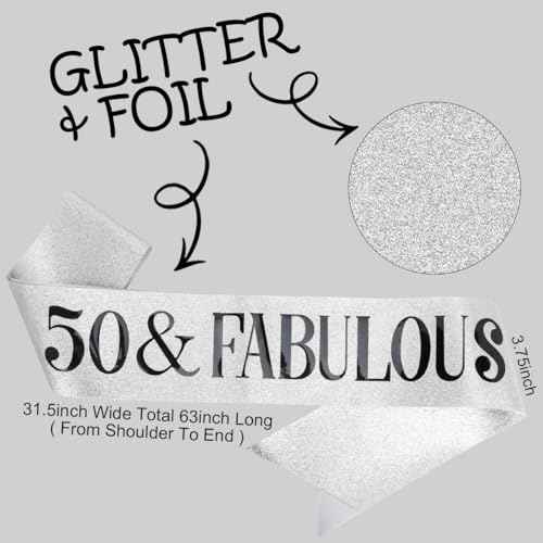 TOBATOBA 50th Birthday Decorations - 50 & Fabulous Birthday Crown & Sash Set, Silver 50th Birthday Gifts for Her