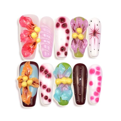 Handmade Press On Nails Long Multicolor 3D Carving Flowers Design 10pcs Hand painted Smudging Glue On Acrylic Fake Nails