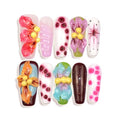 Handmade Press On Nails Long Multicolor 3D Carving Flowers Design 10pcs Hand painted Smudging Glue On Acrylic Fake Nails