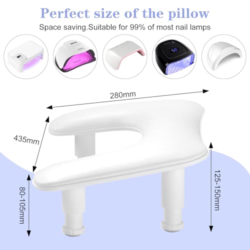 Arm Rest for Nails Tech, Adjustable Height Nail Stand Hand Rest, Professional U-Shaped Nail Hand Pillow with 1Pcs Nail Brush, Leather Manicure Rest Stand, Salon Manicurist Essentials (White)