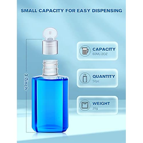 Empty Hand Sanitizer Travel Size Bottles, 2oz, 50 Pack, Plastic Clear Refillable Flip-Top Containers for Shampoo, Baby Shower