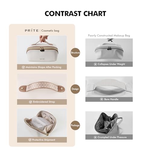 Prite Makeup Bag for Women Travel Waterproof Vegan Leather Cosmetic Bag Open Flat Toiletry Bag With Clear Divider and Handle (Beige)
