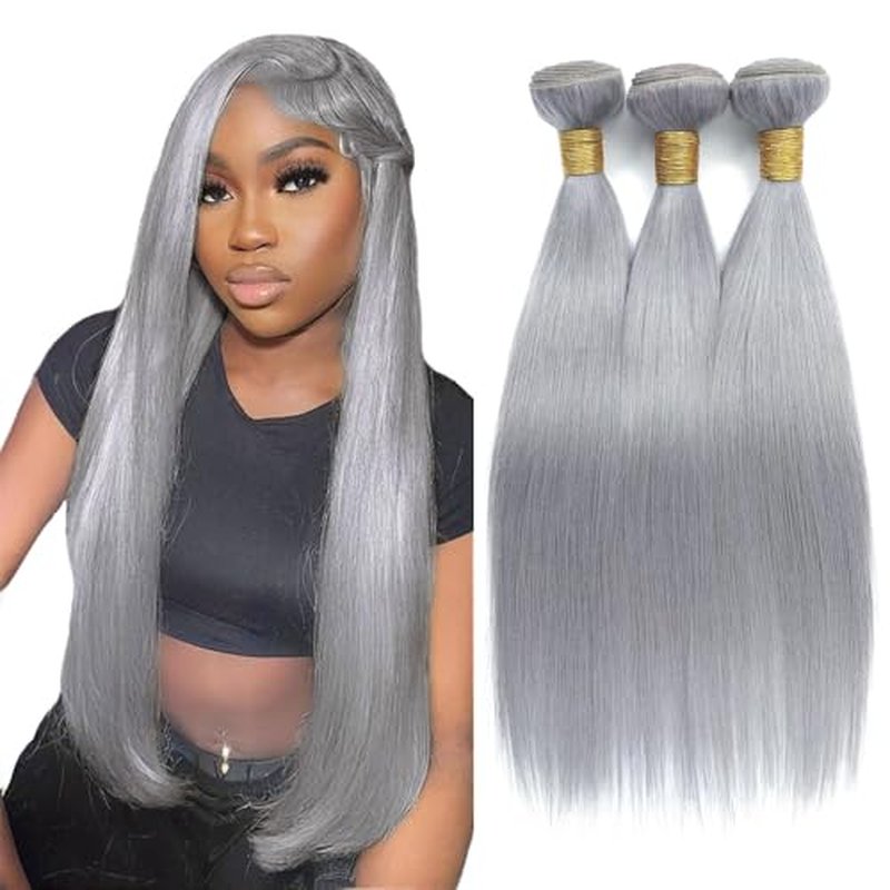 Fridnae Silver Grey Straight Human Hair Bundles - 22/24/26 Inch