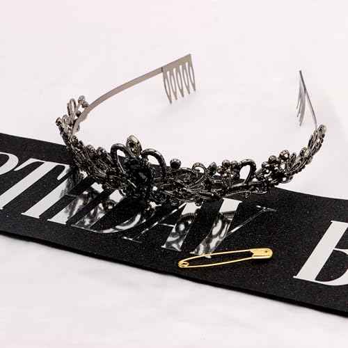 Birthday Baddie Sash and Crown for Women Girls - Black Glitter with Silver Foil Birthday Girl Sash and Crown Funny Birthday Party Favor Supplies