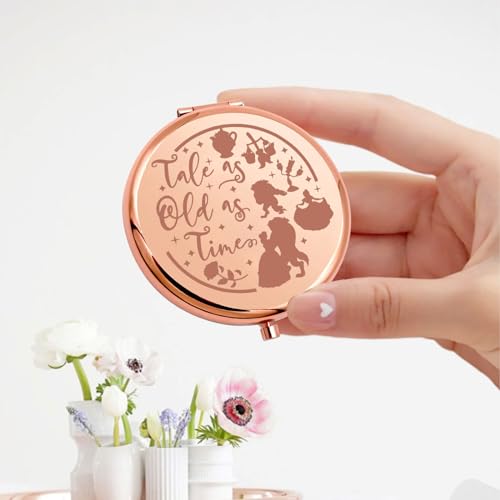 KEYCHIN Princess Beauty Pocket Mirror Princess Rose Gifts Tale As Old As Time Compact Makeup Mirror Fairytale Movie Merch (Tale As Old-RG)