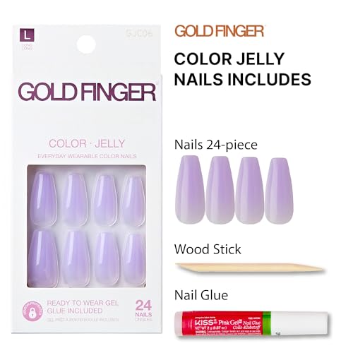 GoldFinger False Nails Kit, Jelly Color Ready to Wear Lavender Fake Nails, Manicure Stick and Glue Included, Long Length, Coffin Shape, Long-Lasting Hottest Trend Glue on Nails