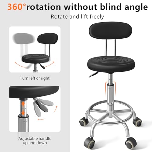 Chair with Wheels PU Leather, with Backrest, Height Adjustable, 360¡Æ Swivelling Armless Barstool with Footrest, Ideal for Pubs, Restaurants, Offices, Homes, Tattoos, Massages (Black)