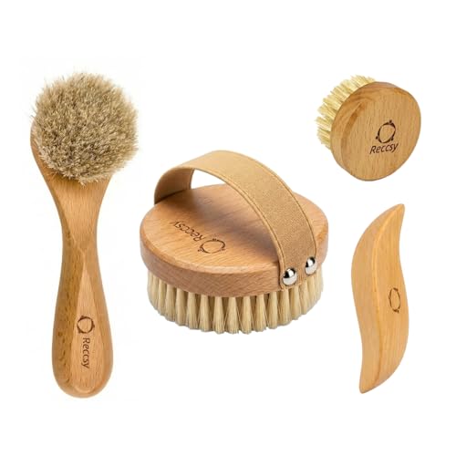 4pcs Dry Brushing Body Brush Set for Lymphatic Drainage-Natural Bristle Dry Skin Brush +Facial Dry Brush for Face+Dry Skin Exfoliating Scrubber+Wood Therapy Massage Tool. Gua Sha, Anti-Cellulite.