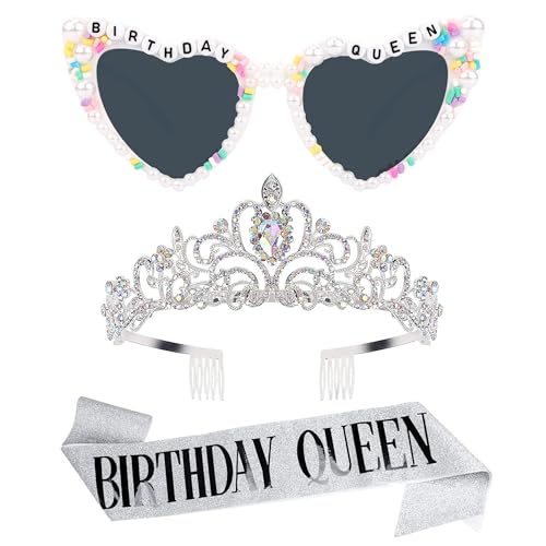 Birthday Queen Crown Tiara Set with Sash & Glasses