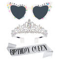 Birthday Queen Crown Tiara Set with Sash & Glasses