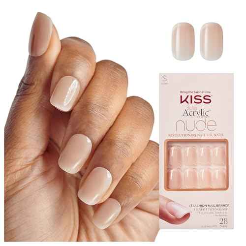 KISS Salon Acrylic French Tip Press On Nails, 'Chic Beats', Natural Nude, Short Squoval, Nail Kit with 28 Fake Nails, Pink Gel Nail Glue (2g), Mini Nail File, & Manicure Stick