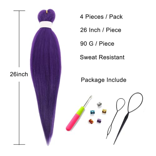 26 Inch Purple Braiding Hair Extensions - Pre-Stretched Synthetic, 4 Packs